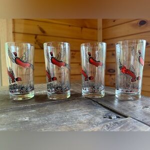 MCM Vintage Pheasant Glass Tumbler set 4 - Red Flying Bird Design